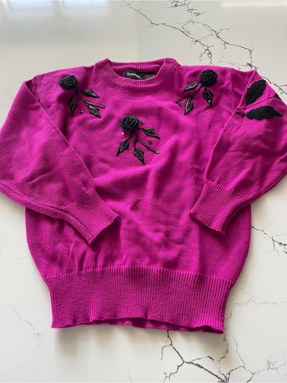Vintage Bright Fuchsia Embroidered Rose Sweater